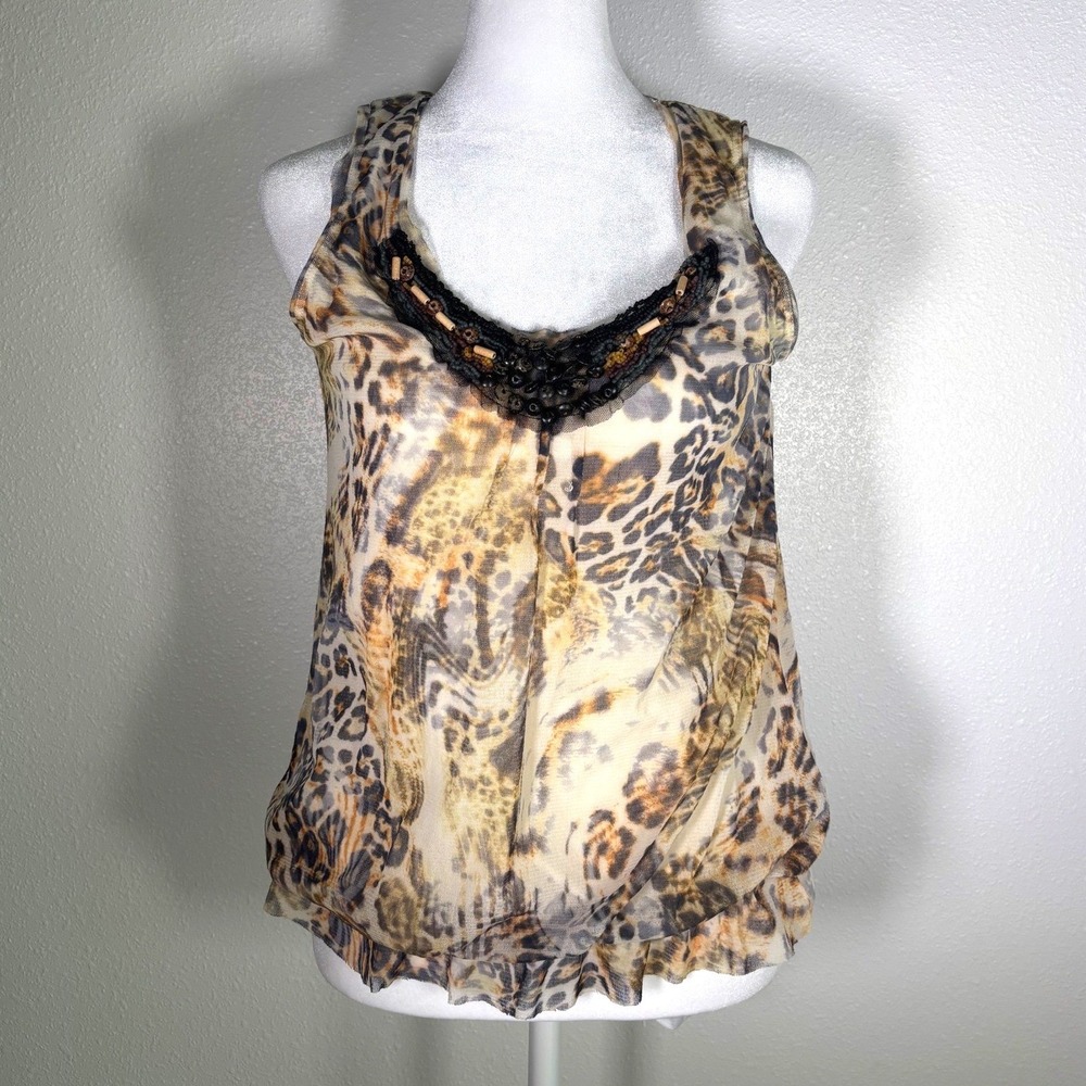 Y2K Festival Vtg Leopard Print Mesh Beaded Scoop Neck Bubble Hem Tank Top Small